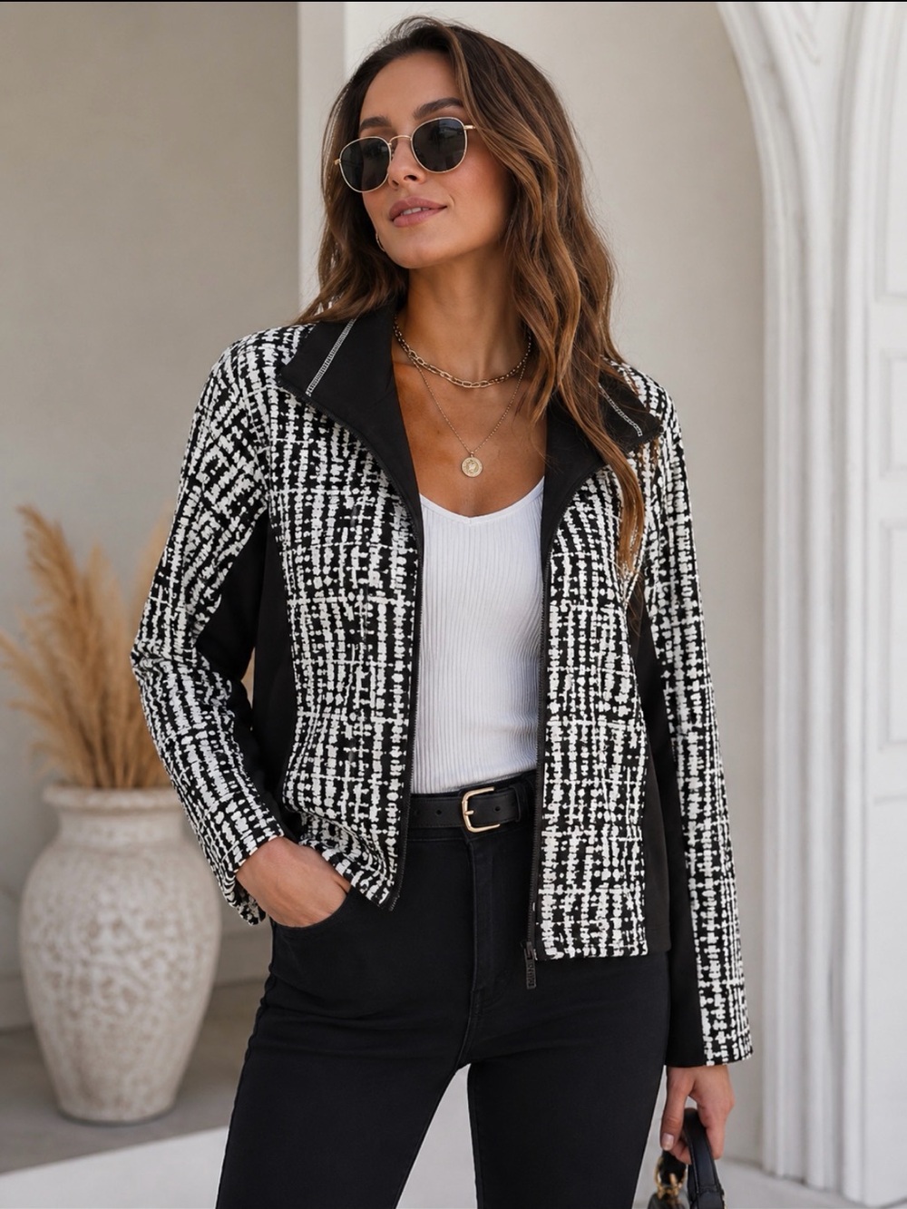Onque Casuals Vintage Monochrome Textured Bomber Jacket